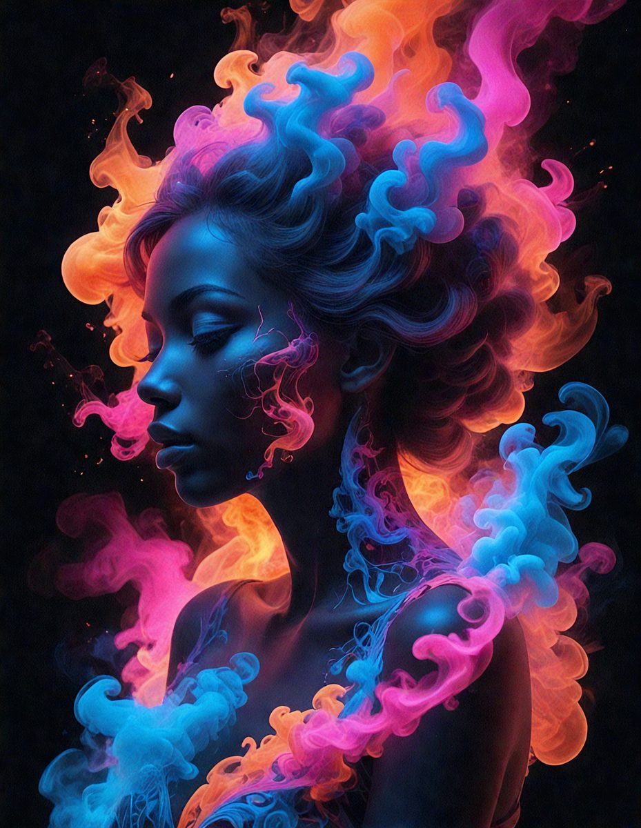 The primary subject of the image is a woman with a flowing mane, who appears to be a digital art or illustration. She is surrounded by a vibrant and colorful background, which includes a mix of pink, blue, and orange hues. The visual style of the image suggests that it is a digital art or illustration, rather than a photo or a traditional drawing. The woman's flowing hair and the colorful background create a sense of movement and energy, contributing to the overall mood of the image.